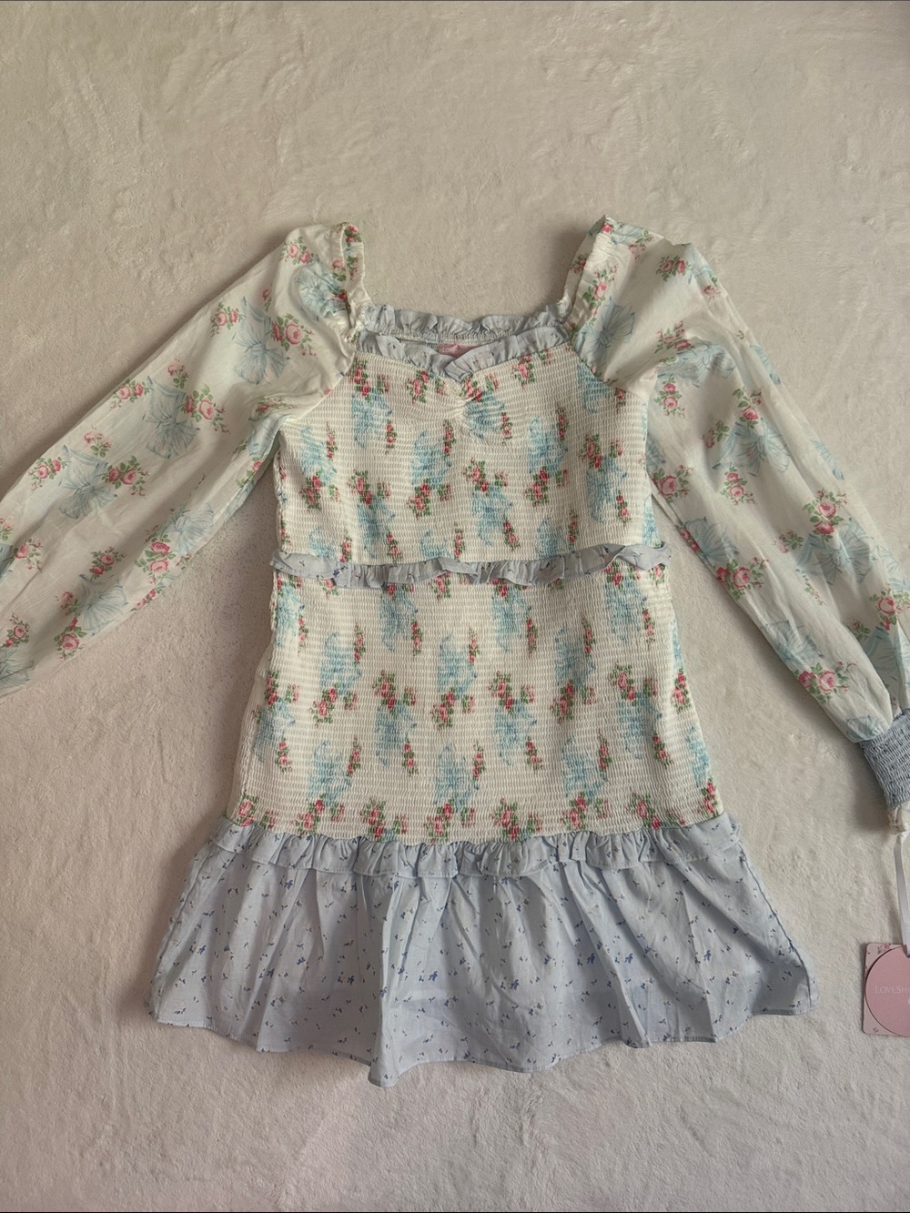 LoveShackFancy Girls Floral Smocked Dress in Light Blue, White and Pink